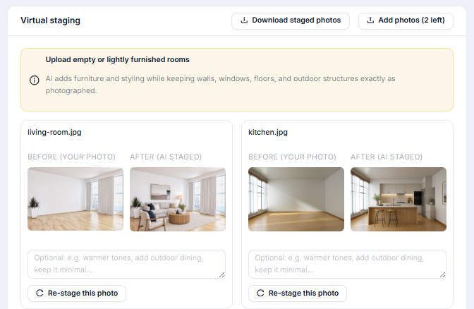 ListingSight virtual staging interface showing before and after room transformations